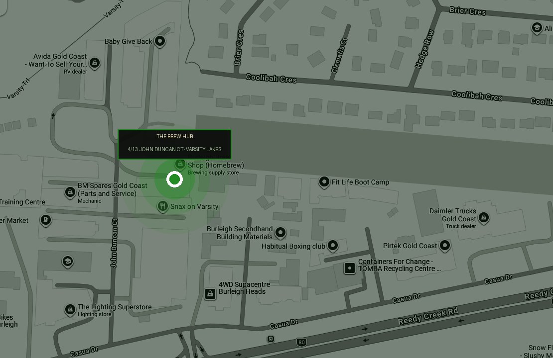 Map showing The Brew Hub location at 4/13 John Duncan Court, Varsity Lakes